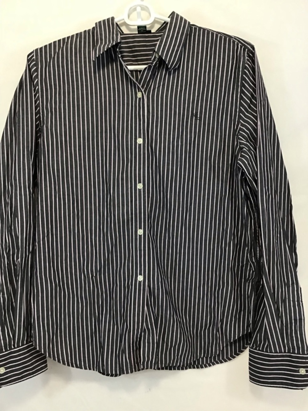 LRL Dark Grey Pink White Vertical Stripe Button-Down Cotton Broadcloth Shirt Med